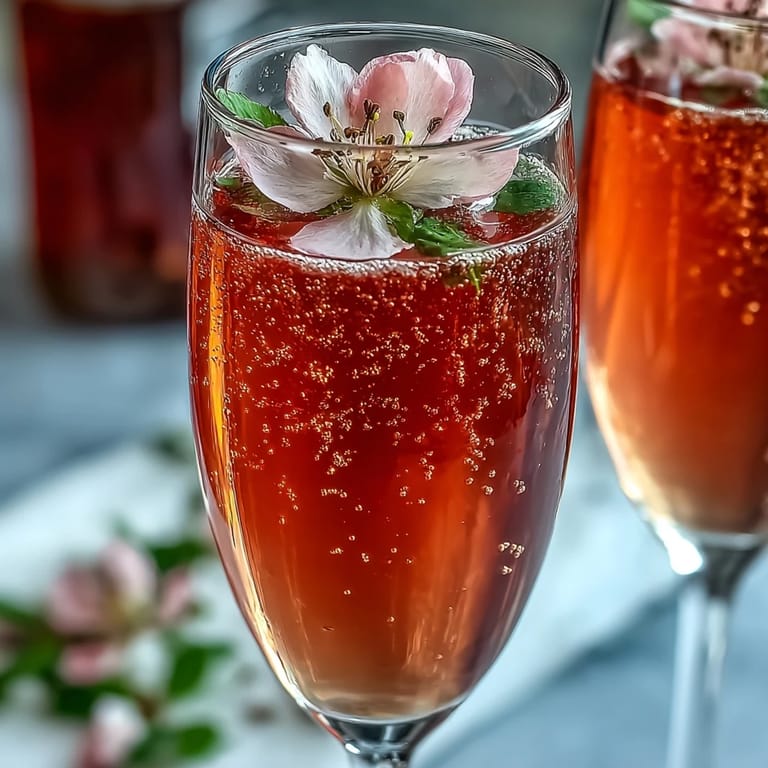 Elderflower guava mimosa topped with a floating guava slice and delicate edible flowers for a refreshing presentation