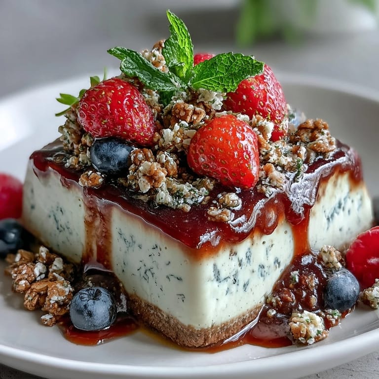Close-up of Hojicha Panna Cotta Parfait in a wine glass, revealing smooth roasted tea cream and a spoonful of mixed berries.
