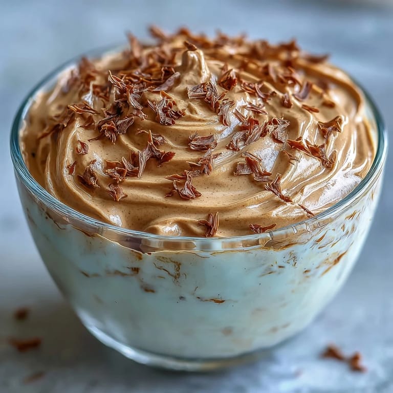 Layers of airy Hojicha Mousse in a stemmed glass, garnished with toasted tea leaves for a rustic finish.