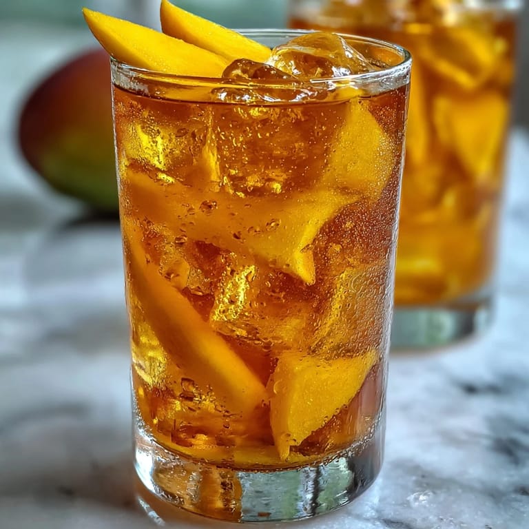 Cold mango iced tea served in a tall glass with mango.
