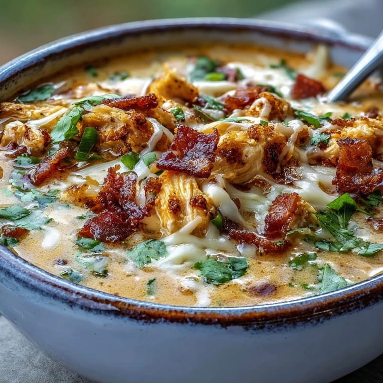 A steaming bowl of Spicy Jalapeño Popper Chicken Soup garnished with fresh cilantro and melted cheese.