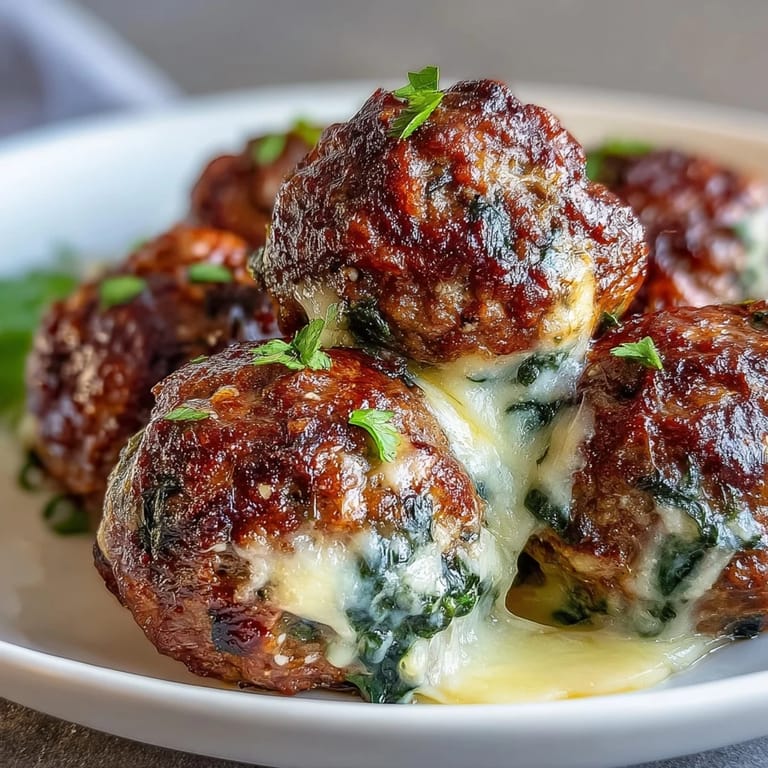 A close-up of Spinach Garlic Meatballs sizzling in a cast iron skillet, smothered in rich marinara sauce and topped with fresh parsley.