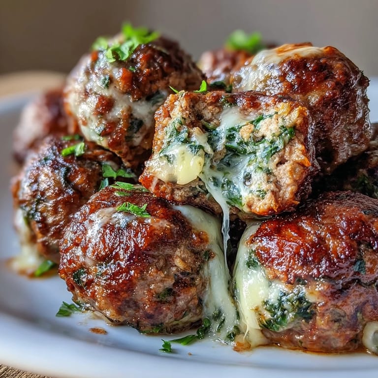 Savory Spinach Garlic Meatballs served over twirls of spaghetti, drizzled with extra marinara and grated Parmesan for a cozy dinner plate.