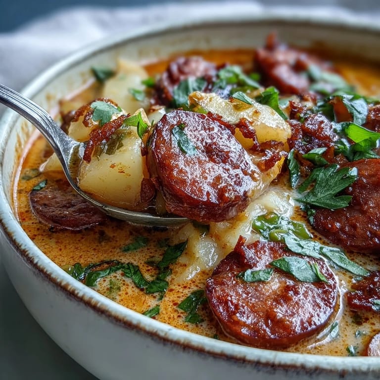 Ladle of Creamy Cajun Potato Soup with Andouille Sausage, garnished with fresh chives and cheese.