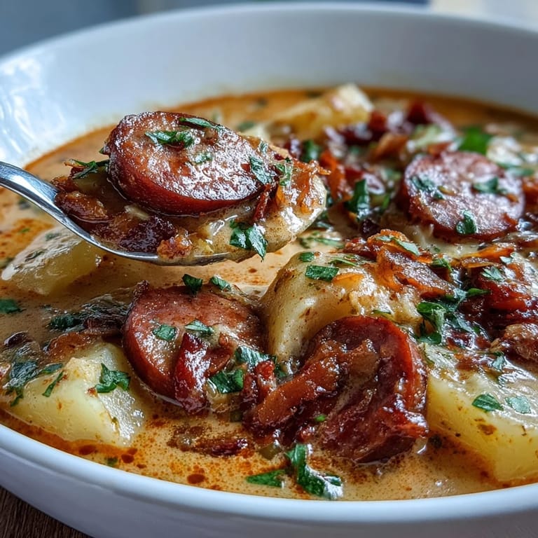 A rustic bowl of Creamy Cajun Potato Soup with Andouille Sausage paired with crusty bread.