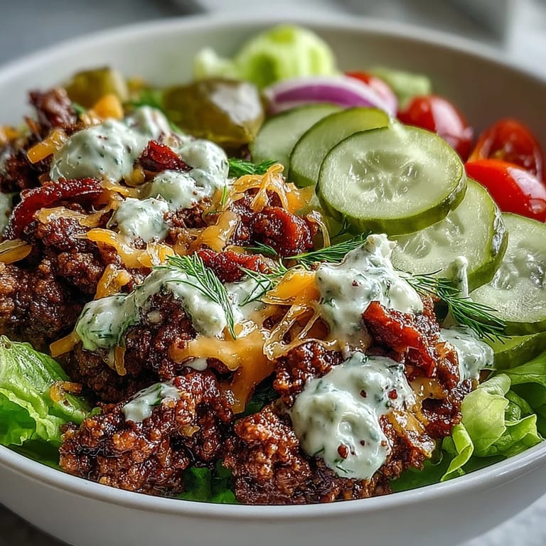 Loaded High-Protein Cheeseburger Bowls topped with cherry tomatoes, pickles, red onion, and tangy burger sauce.