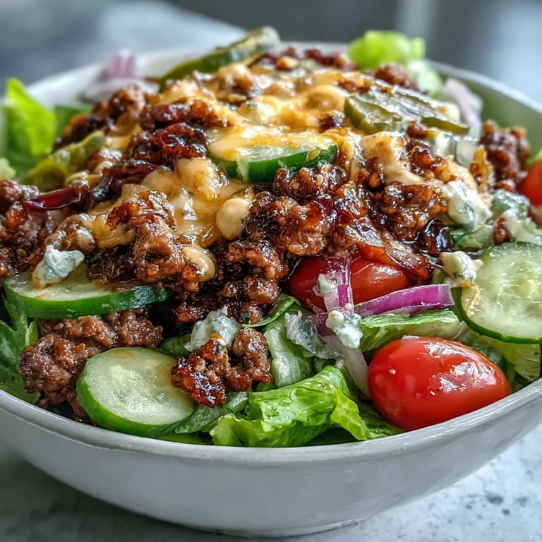 Satisfying High-Protein Cheeseburger Bowls customized with avocado, crispy bacon crumbles, and a drizzle of homemade sauce.