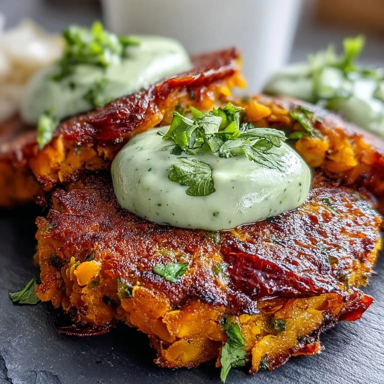Pair these golden Crispy Sweet Potato & Red Lentil Patties with avocado sauce and fresh lime wedges.