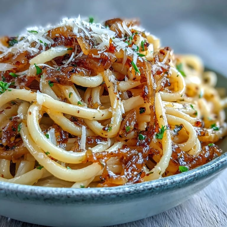 A comforting bowl of Caramelized Onion Pasta with Chili Oil, topped with plenty of Parmesan cheese.