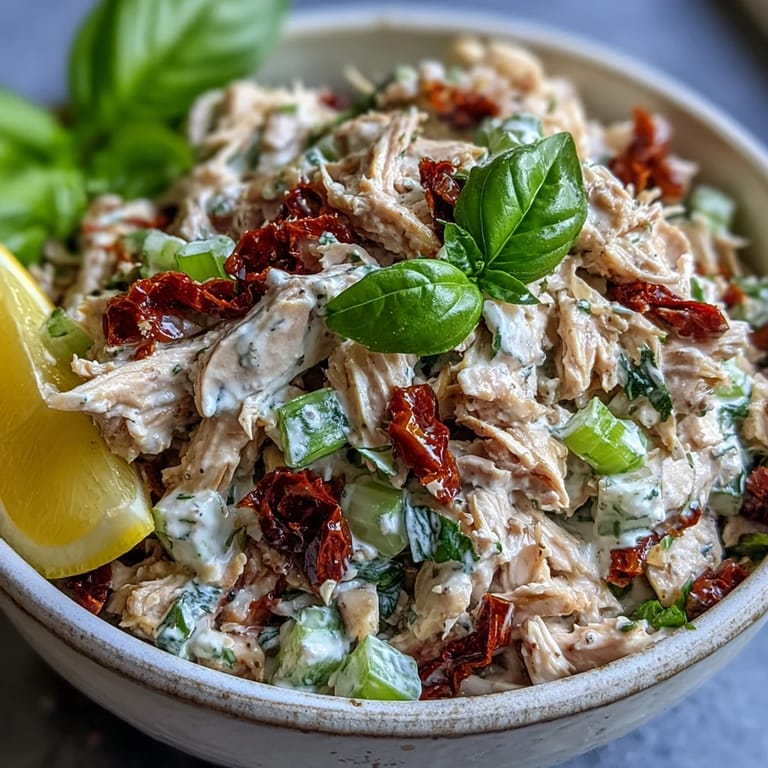 Close-up of vibrant Sun-Dried Tomato Chicken Salad, showing juicy tomato pieces and herbs mixed into a rich, creamy dressing.
