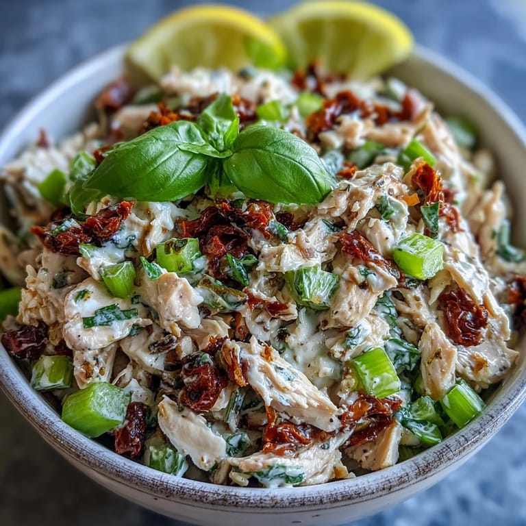 Freshly made Sun-Dried Tomato Chicken Salad served in crisp lettuce cups, topped with diced red onion for extra zest.