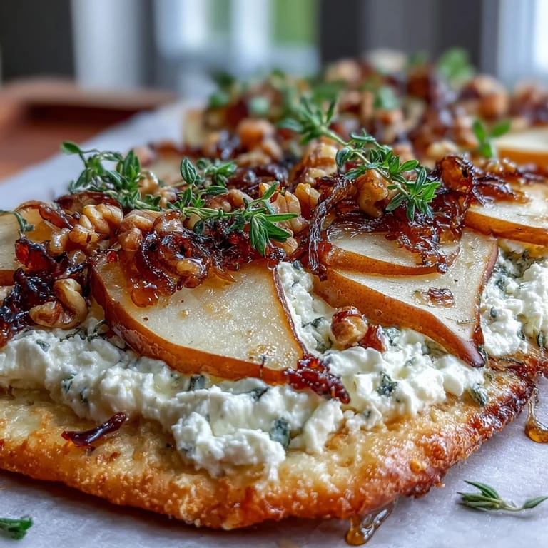 Savory-sweet Goat Cheese & Pear Flatbread with a glossy hot honey drizzle and toasted walnuts, ready to slice and serve.