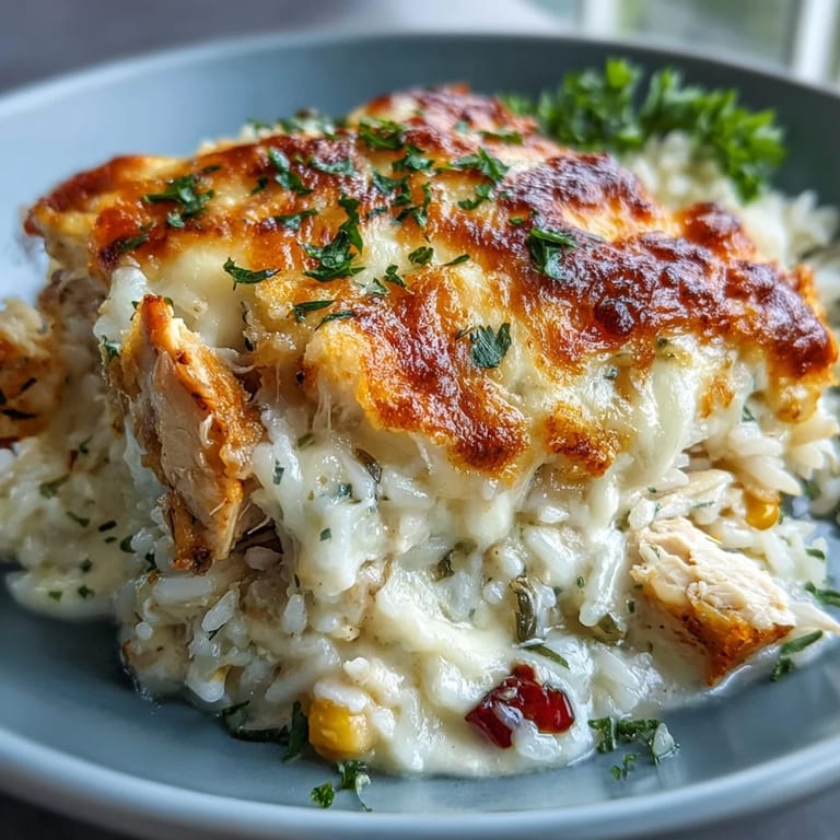 A spoonful of Creamy Garlic Chicken & Rice Casserole shows tender chicken, fluffy rice, and vibrant red bell peppers.