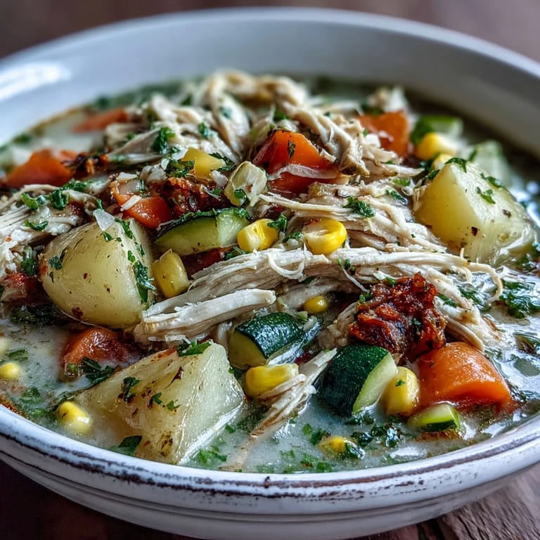 Cozy pot of Ranch Chicken Veggie Soup with tender shredded chicken, corn, and colorful vegetables.