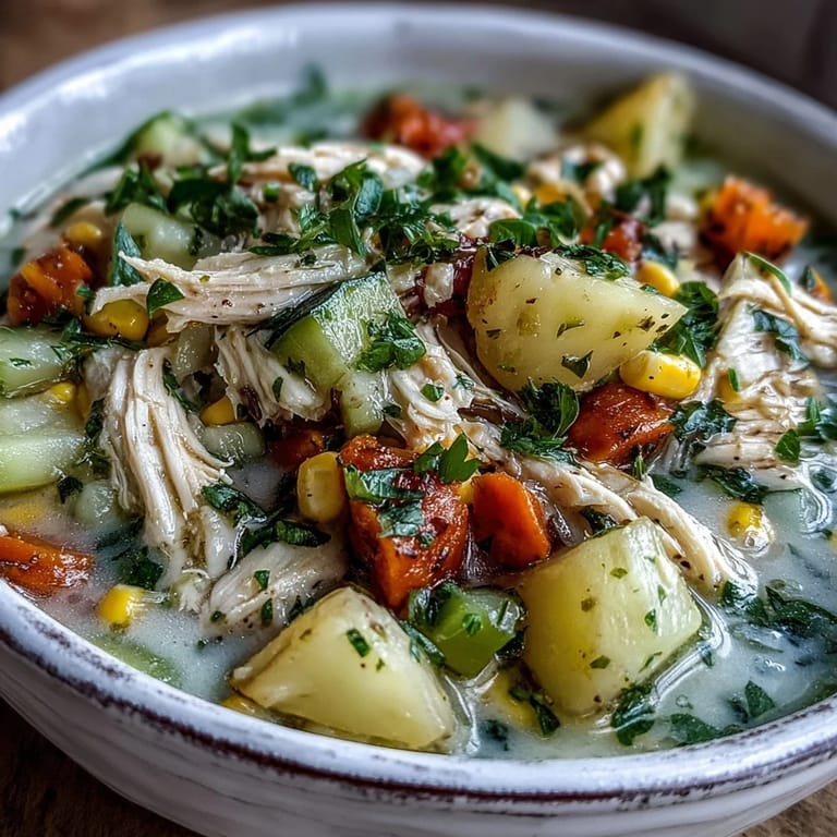 Serving of Ranch Chicken Veggie Soup beside crusty bread on a rustic wooden table.