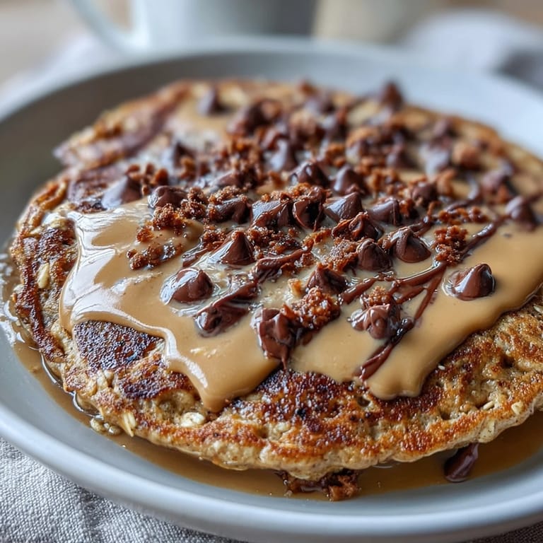 Decadent Peanut Butter Cup Protein Pancake Bowl featuring a rich cocoa base, gooey chocolate chips, and a luscious peanut butter topping, served warm.