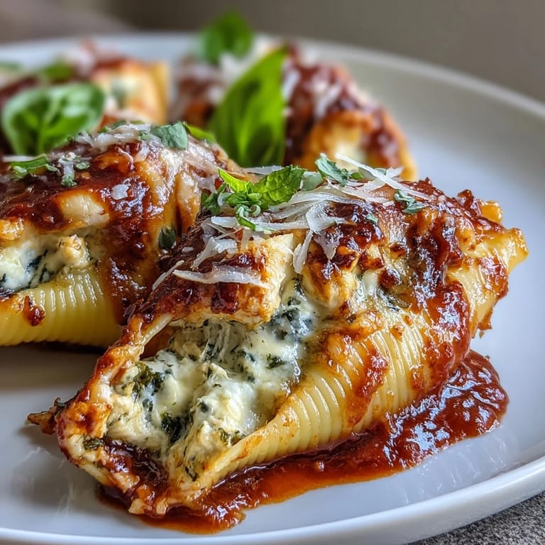 A serving of Pesto Lasagna Stuffed Shells with marinara sauce and a fresh green salad.