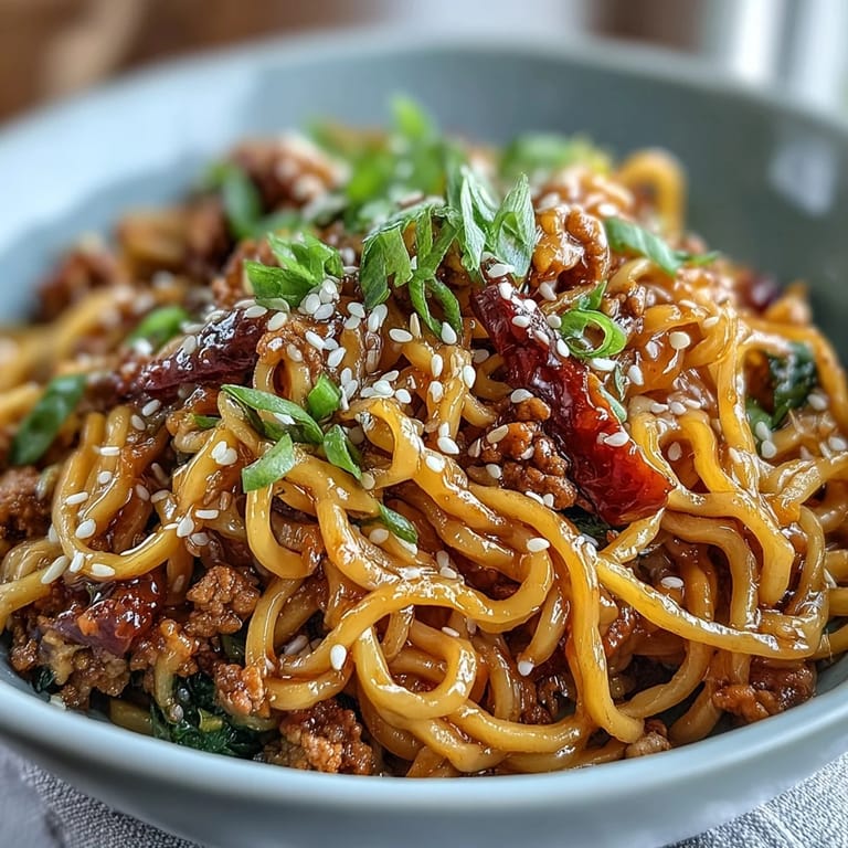 Korean turkey fried noodles plated with chopped scallions and sesame seeds, ready for a weeknight dinner.