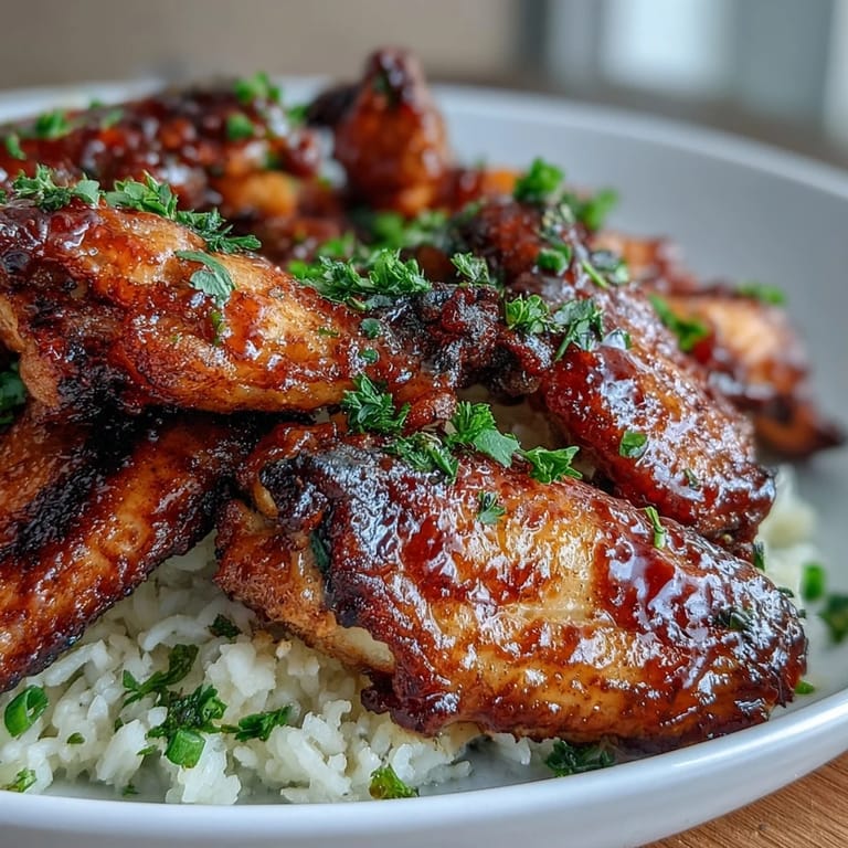 Crispy Honey Garlic Chicken Wings served over buttery rice, glazed in a sticky sauce and topped with fresh parsley and sesame seeds.