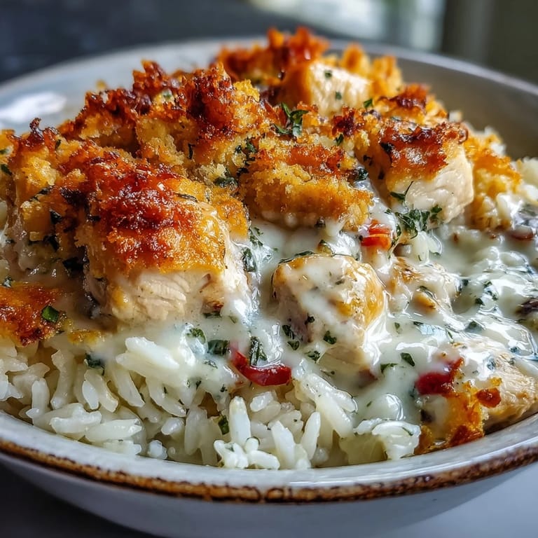 Comforting Creamy Garlic Chicken & Rice Casserole portion plated beside crisp green salad, perfect for a hearty American dinner.