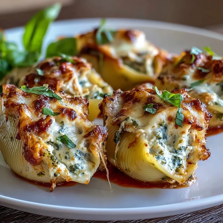 Pesto Lasagna Stuffed Shells filled with shredded chicken and ricotta are served alongside a fresh salad.