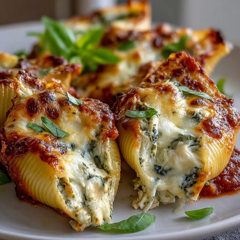 Close-up of bubbling Pesto Lasagna Stuffed Shells featuring a creamy ricotta and pesto filling.