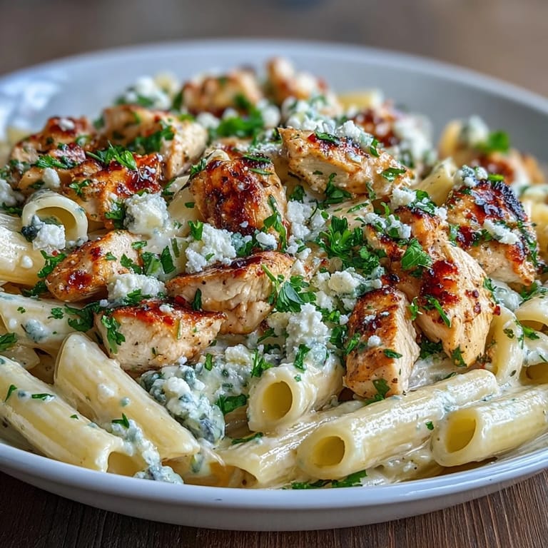 Steam rising from a skillet of Creamy Lemon Feta Chicken Pasta, highlighting the golden chicken and penne.