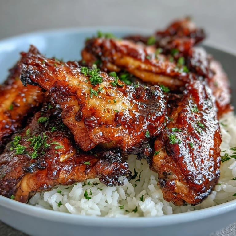 Crisp baked chicken wings glazed in sweet honey garlic sauce served alongside steaming savory rice for a family dinner.