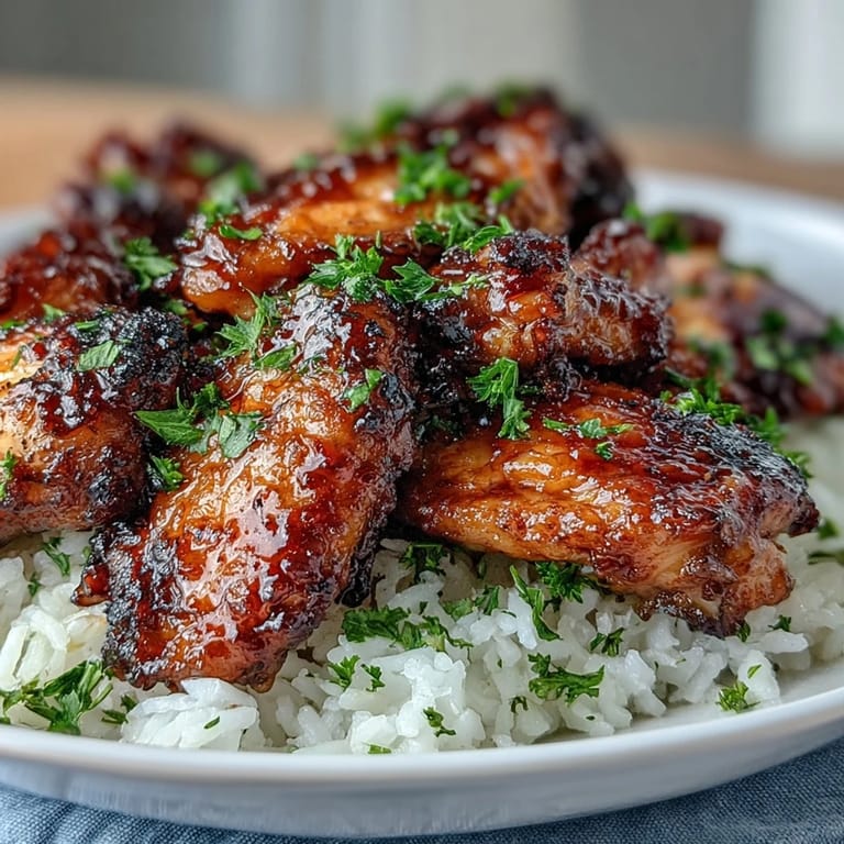 Freshly baked Oven-Baked Honey Garlic Chicken Wings glistening with glaze placed over buttery rice on a white plate.