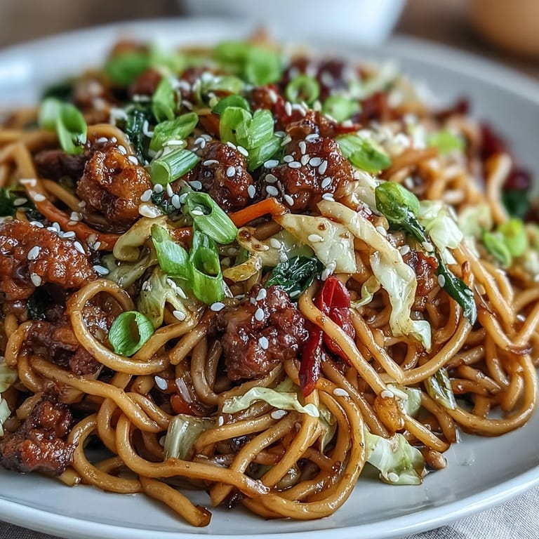 A close-up of Korean Turkey Fried Noodles, garnished with green onions and sesame seeds, plated for a delicious weeknight dinner.