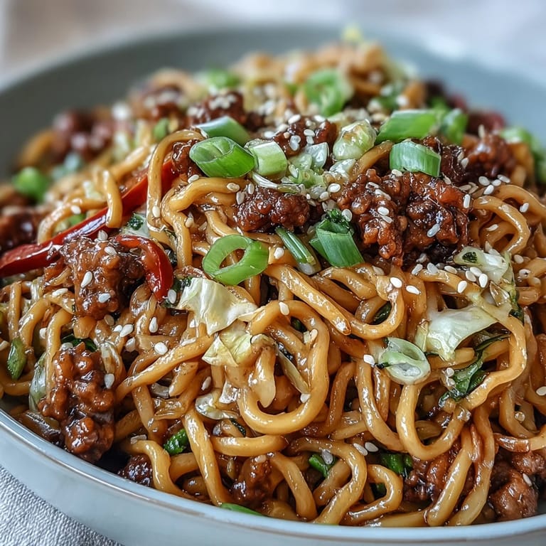 Dairy-free Korean Turkey Fried Noodles served hot in a bowl, loaded with pan-fried noodles and savory ground turkey, ready to enjoy.