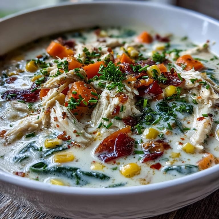 A warm bowl of Ranch Chicken Veggie Soup, garnished with fresh parsley and chives, next to crusty bread.