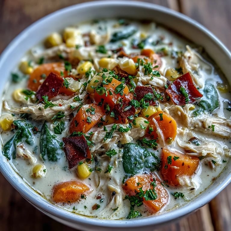 Ranch Chicken Veggie Soup served steaming hot in a rustic bowl, showcasing colorful vegetables and shredded chicken.