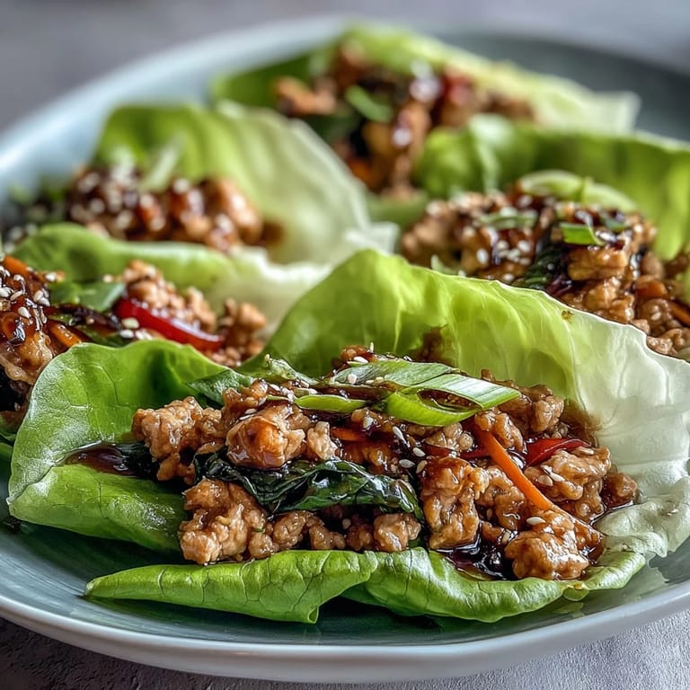Ground turkey stir-fry with ginger and soy sauce spooned into cool lettuce cups, topped with toasted sesame seeds.