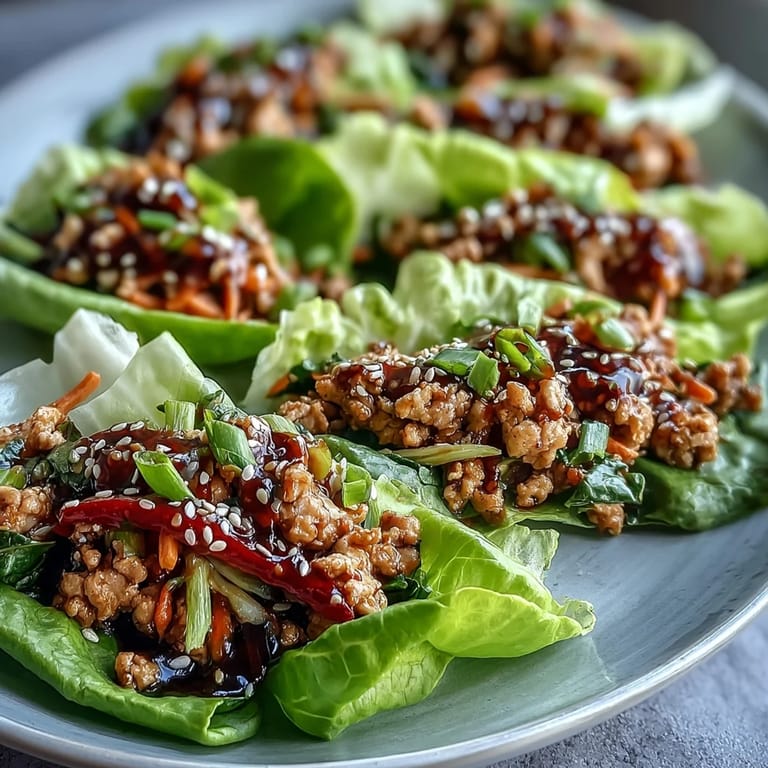 Ready-to-eat Turkey Potsticker Stir-Fry Lettuce Wraps served as appetizers, garnished with scallions and sesame seeds on a platter.