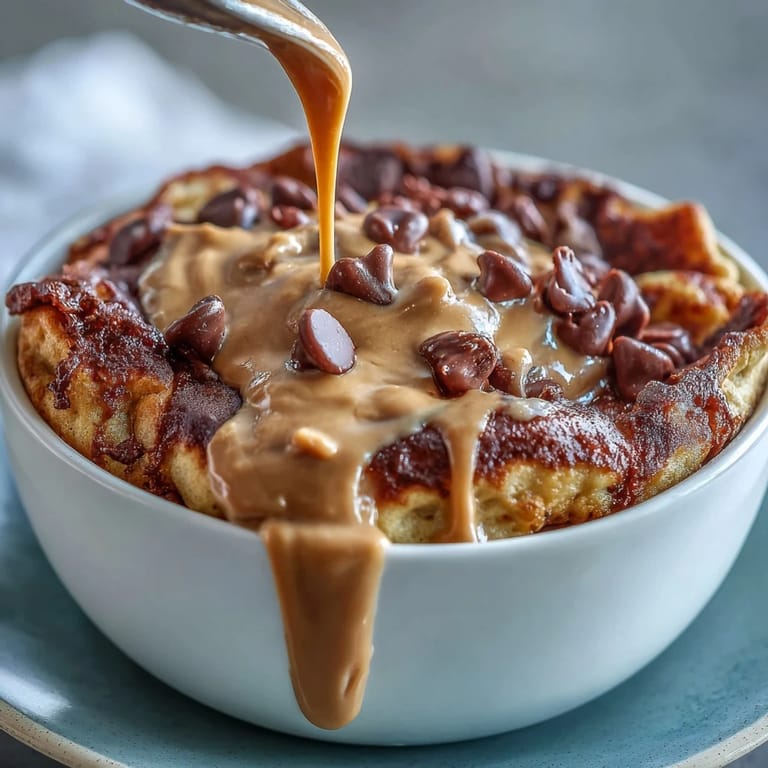 A spoon digs into the warm, baked Peanut Butter Cup Protein Pancake Bowl, revealing a soft, fluffy interior studded with chocolate.