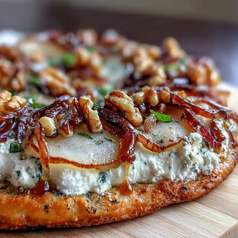 Freshly baked Goat Cheese & Pear Flatbread with Hot Honey, featuring caramelized onions and chopped walnuts on a wooden board.