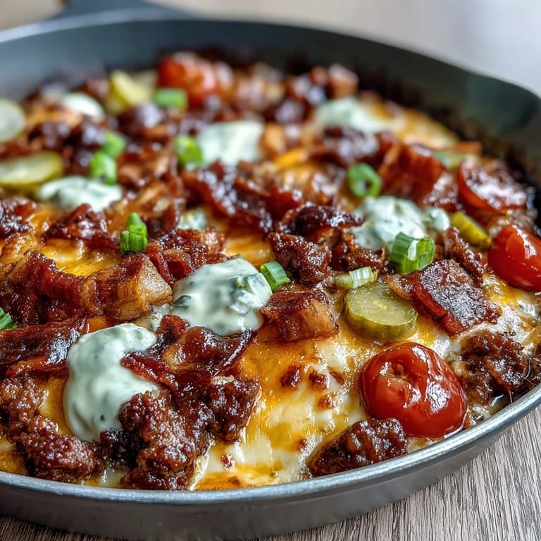 The Keto BBQ Bacon Cheeseburger Skillet features crumbled ground beef, crispy bacon bits, and chopped pickles in a savory sauce.