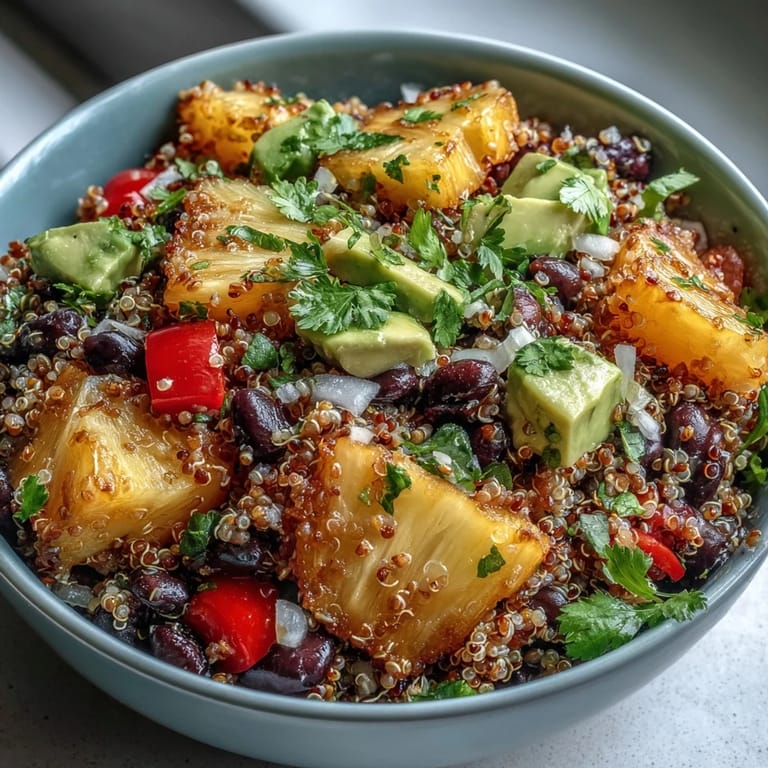 Bright bowl of Tropical Quinoa Salad with Pineapple and Black Beans topped with crisp bell pepper, juicy tomatoes, and fresh cilantro.