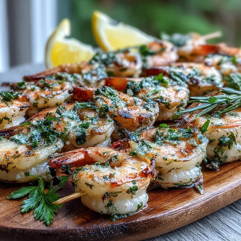 Perfectly cooked Light Lemon Herb Grilled Shrimp Skewers on a platter, garnished with herbs and ready for a summer dinner party.
