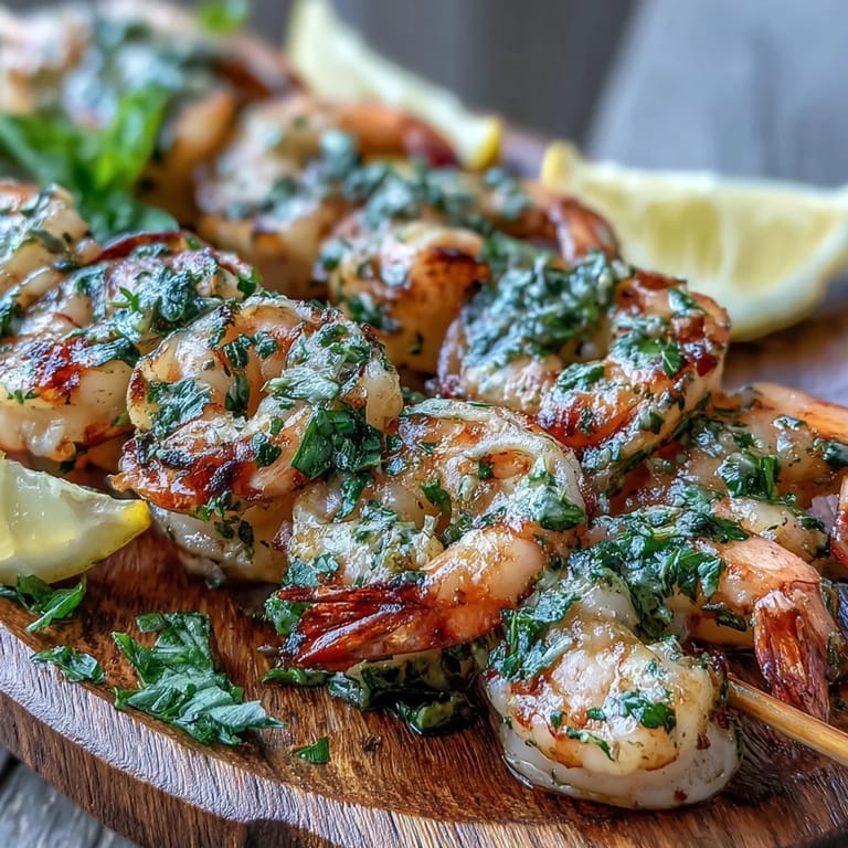 Close-up of Light Lemon Herb Grilled Shrimp Skewers showing juicy, charred shrimp with lemon zest and fresh basil garnish.