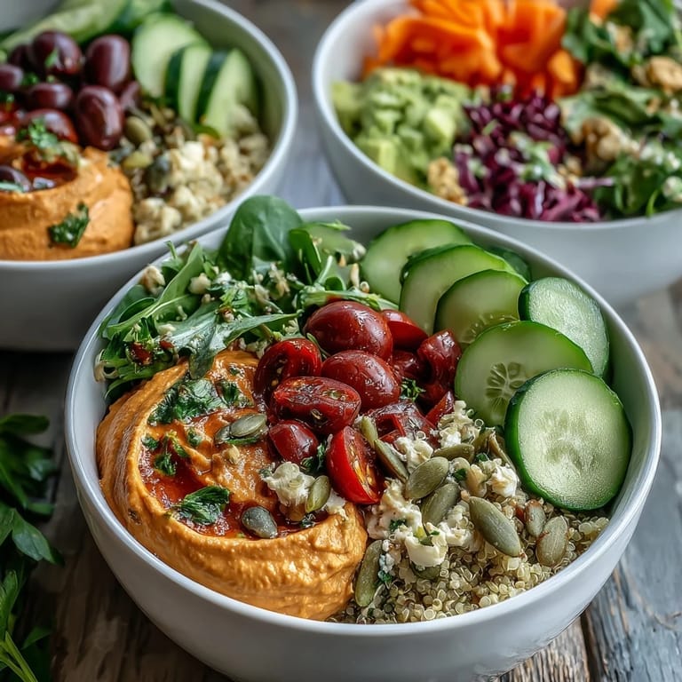 Healthy Vegan Roasted Red Pepper Hummus Buddha Bowl garnished with herbs and olives on a wooden table.