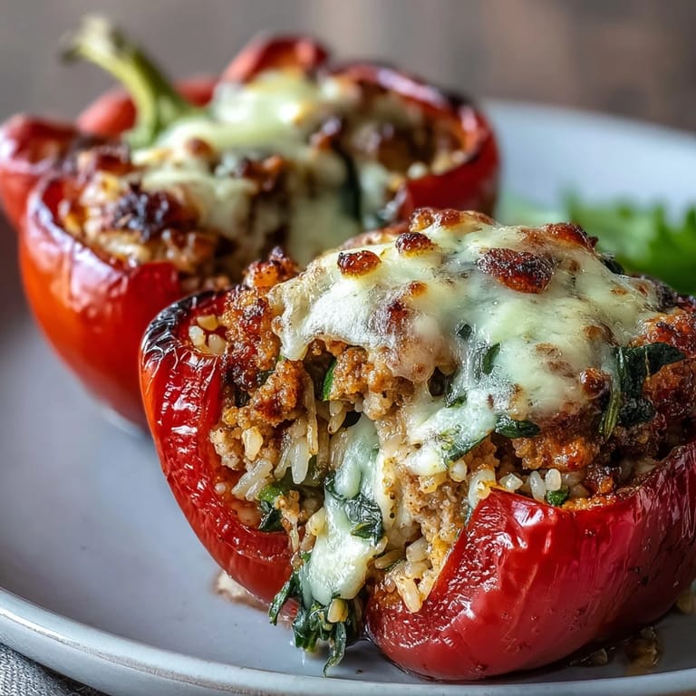 Wholesome bell peppers packed with savory ground turkey, diced vegetables, and aromatic spices, topped with melted mozzarella for a comforting dinner.  
