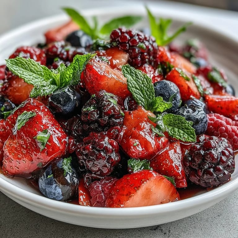 Close-up of ripe strawberries, blueberries, raspberries, and blackberries lightly coated in honey and garnished with chopped mint.