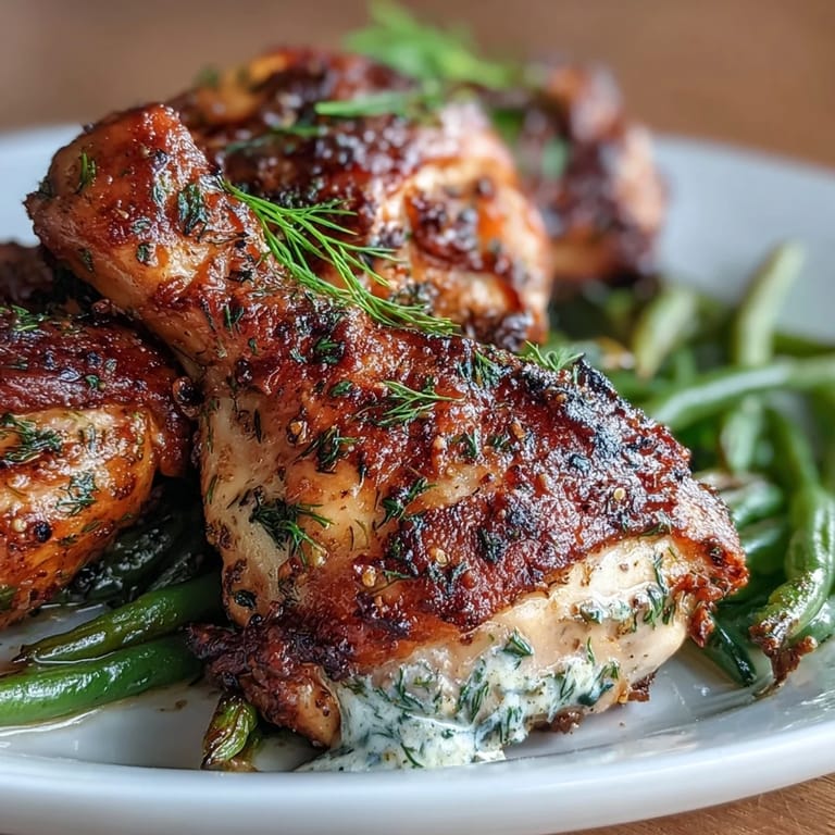 Oven-baked ranch chicken drumsticks with green beans, seasoned with garlic, dill, and paprika, offering a delicious gluten-free dinner option.