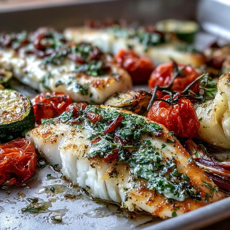 Golden-brown tilapia fillets rest on a bed of colorful roasted zucchini and juicy cherry tomatoes, seasoned with aromatic garlic and fresh herbs.  