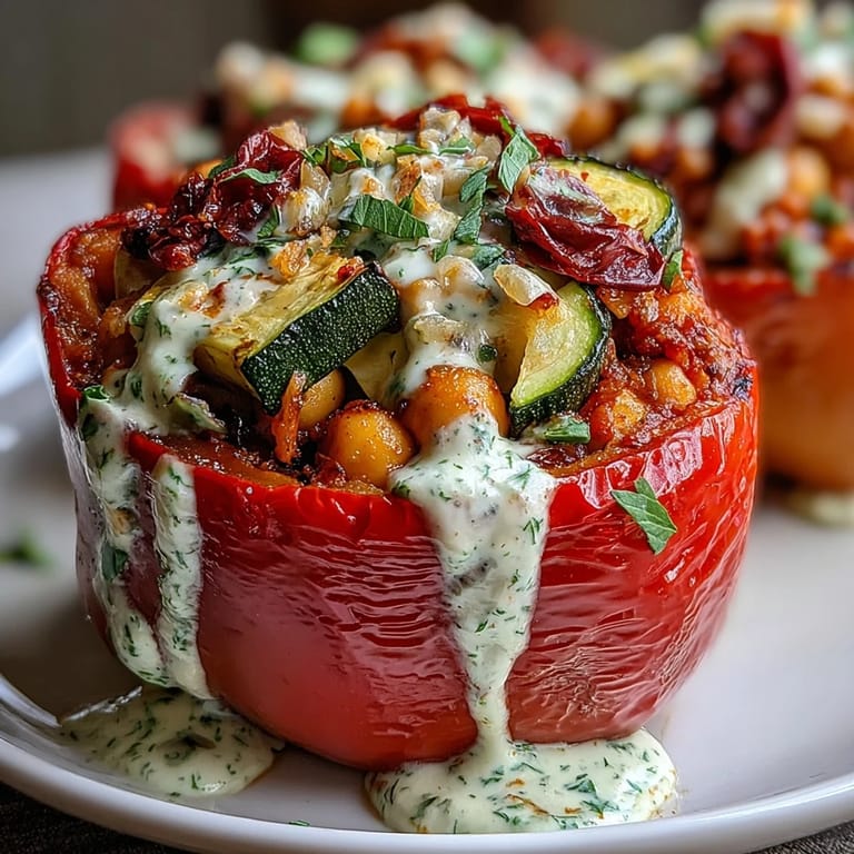 Roasted bell peppers filled with herbed chickpeas, quinoa, and vegetables, drizzled with zesty lemon tahini for a satisfying Mediterranean dinner.