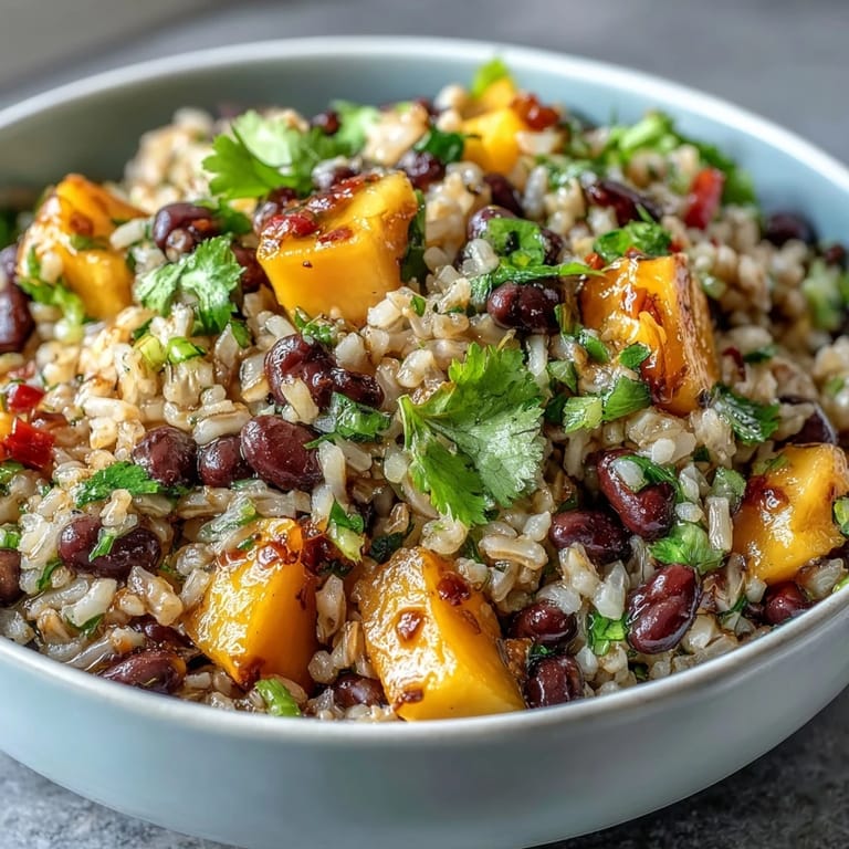 Wholesome brown rice fiesta bowls with juicy mango, hearty black beans, and crisp vegetables, finished with a tangy citrus drizzle.  