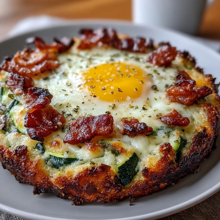Savory zucchini nests topped with smoky bacon and a runny egg yolk, served warm for a satisfying low-carb morning meal.