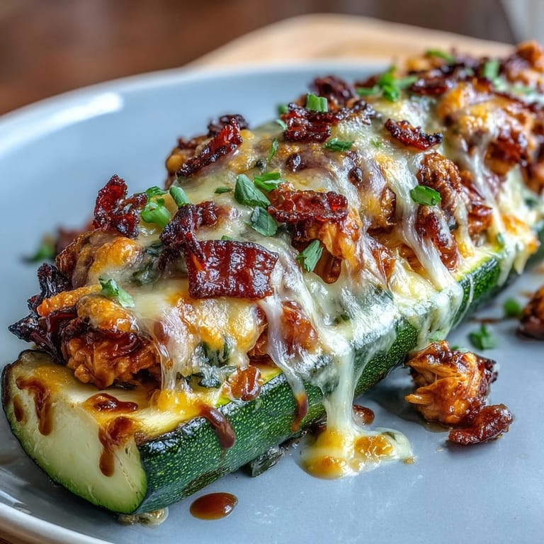 Flavorful BBQ chicken and sautéed veggies stuffed into zucchini boats, baked until the cheese is melted and bubbly.
